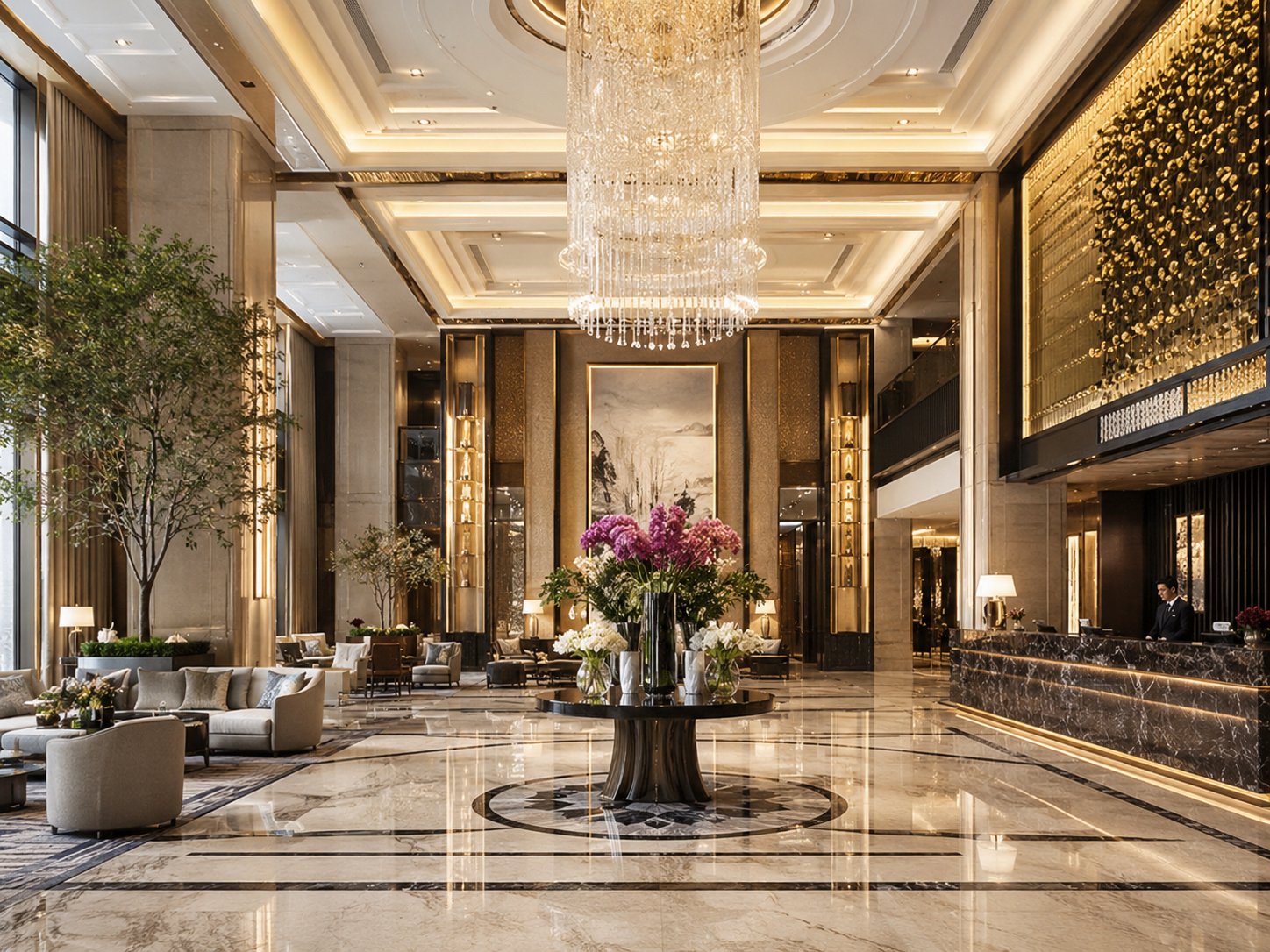 Elegant luxury hotel lobby with crystal chandelier